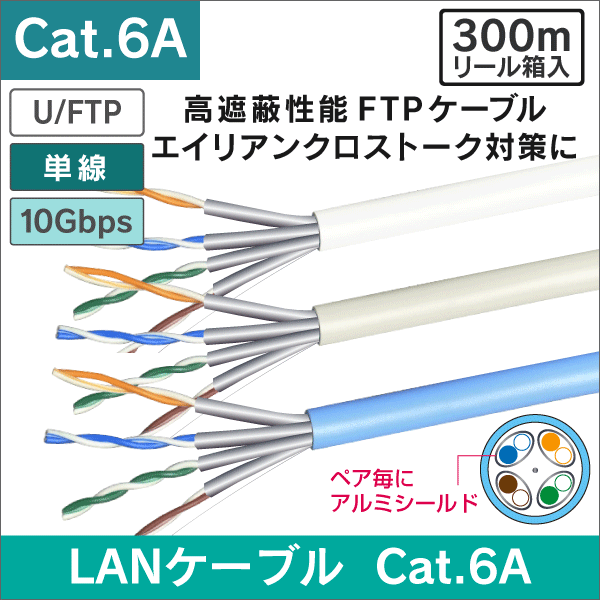 LANケーブル U/FTP (高遮蔽アルミシールド型) 300m巻Cat.6A カテゴリー6A 10Gbps